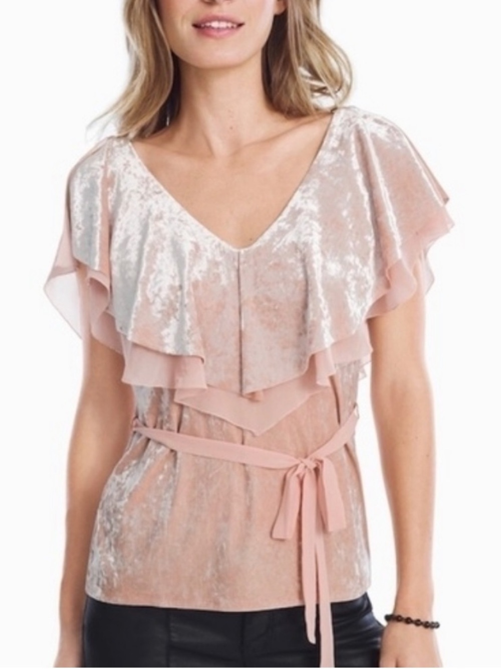 NWOT Blush Pink Velvet Ruffle Tie-Waist Blouse by White House Black Market - Picture 4 of 9
